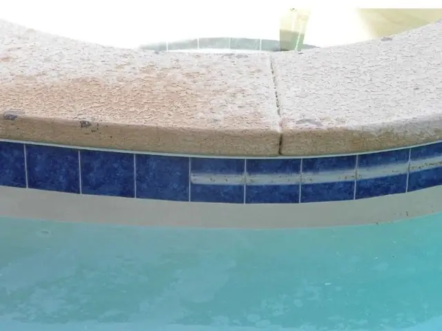 Waterline tile with scale and frost on the coping